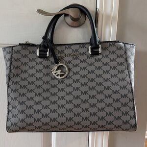 Michael Kors Gray/Black Logo Canvas Satchel/Top Handle Bag with Charm